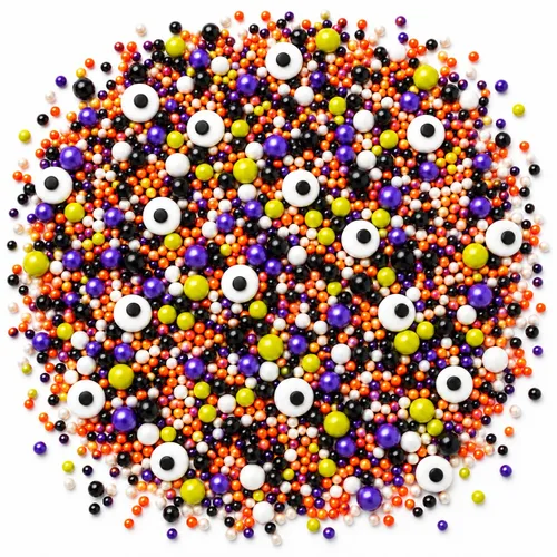 Vista 14 de Confect Mezcla de espolvorear de Halloween – Bolas de discoteca blancas, naranjas, moradas, negras y verdes, ojos de caramelo y jimmies – Gránulos