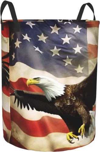 Vista 2 de Cesta circular con estampado de bandera estadounidense con águila moscada, impermeable, cesta organizadora de lavandería, con asas, para ropa