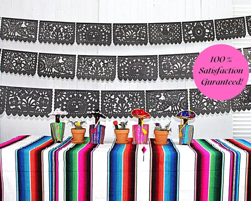 Vista 6 de Pancartas de papel picado negras, decoraciones de fiesta, pancarta de fiesta mexicana, banderines, guirnaldas, serpentinas para bodas, quinceañeras