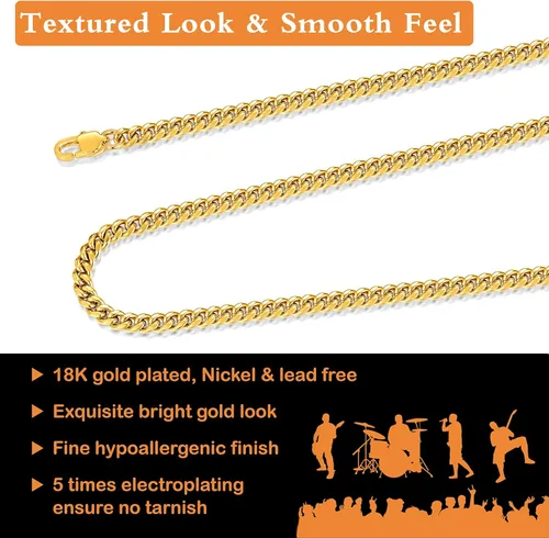 Vista 2 de Jewlpire Diamond Cut Miami Mens Cuban Link Chain Necklace, Gold Chain Silver Chain for Men Boys Women, Hip-Hop & Cool Style, 316L Stainless