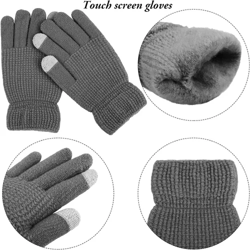 Vista 4 de Aneco Conjuntos cálidos de invierno para mujer con pompones de piel gorro bufanda circular guantes de pantalla táctil accesorios de invierno