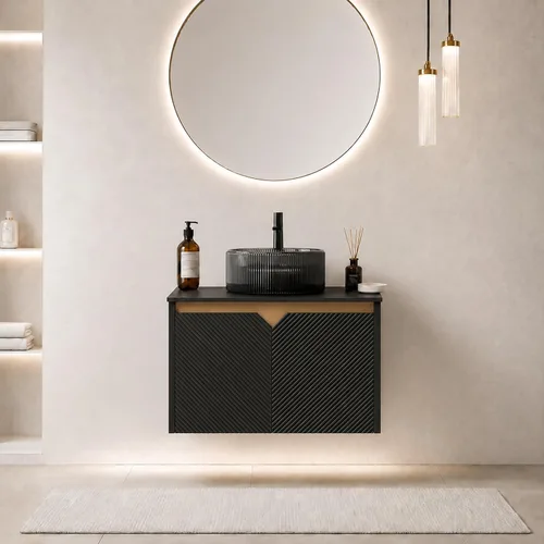 Vista 22 de Vanidad de baño flotante de 24 pulgadas con fregadero, gabinete estriado Fregadero de cerámica negro + negro