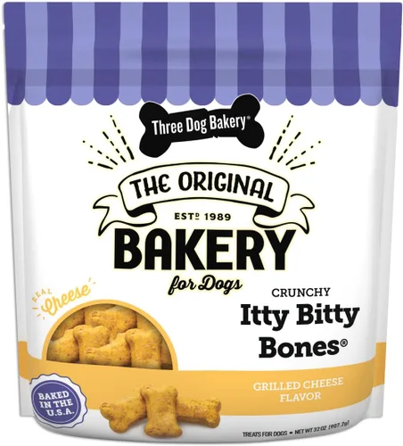 Vista 10 de Three Dog Bakery Crunchy Itty Bitty Bones, sabor a mantequilla de maní, golosinas prémium para perros, caja de 13 onzas