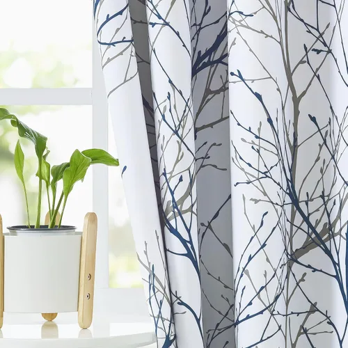 Vista 7 de FMFUNCTEX Cortinas 100% Opacas Azul Blanco con Forro de Árbol para Dormitorio, Cortinas de 63 Pulgadas de Largo con Patrón de Ramas para Sala
