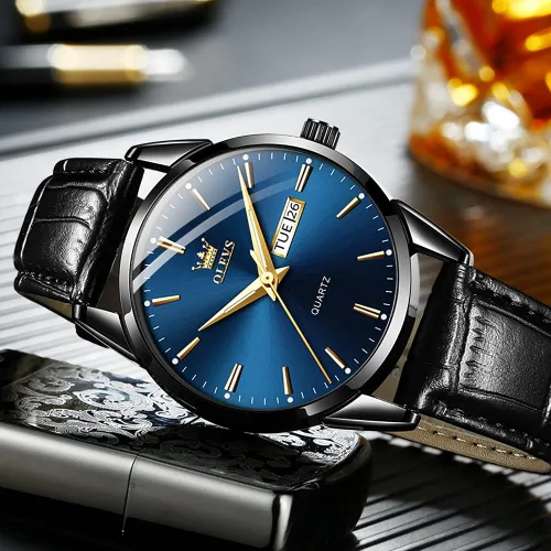 Vista 9 de OLEVS Relojes para hombres de cuero marrón caja dorada analógico cuarzo moda negocios vestido reloj día fecha luminoso impermeable casual masculino