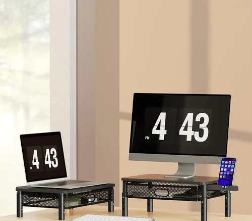 Vista 7 de Zimilar Soporte elevador para monitor con cajón de malla metálica, elevador de monitor de altura ajustable con soporte para teléfono