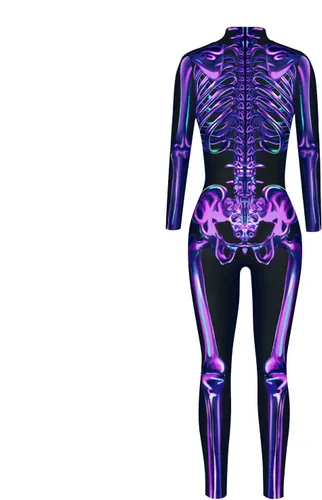Vista 2 de Disfraz de esqueleto de calavera para mujer, overol de una pieza para Halloween 3D printed skull skeleton robot costume, Back zipper closure