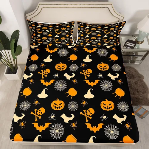 Vista 25 de Juego de sábanas bajeras con bonito diseño de gato negro para niños y niñas, diseño de dibujos animados de Halloween, gato, animales, sábanas