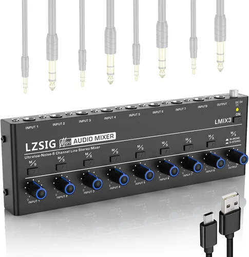 Vista 2 de LZSIG Mini mezclador de audio, mezclador de línea estéreo para submezcla, ultra bajo ruido, 4 canales, salida TS y TRS de 1/4" y 1/8" y entrada