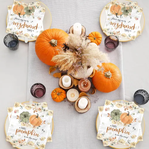 Vista 4 de A Little Pumpkin is on The Way - 40 servilletas de calabaza pequeña para baby shower, decoración de fiesta de otoño, calabaza, floral, niño y niña