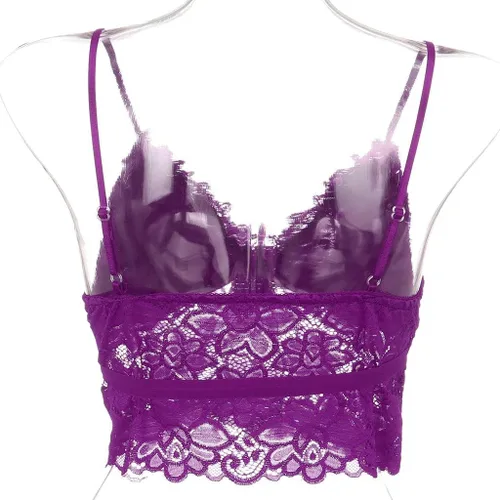 Vista 6 de Camiseta sexy para mujer, ribete de encaje de verano, festoneado, ahuecado, transparente, escote transparente, para fiesta nocturna y club, púrpura
