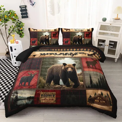 Vista 13 de AILONEN Juego de edredón con cabeza de lobo impresa tamaño individual, juego de ropa de cama de lobo para la noche para niños y hombres, juego