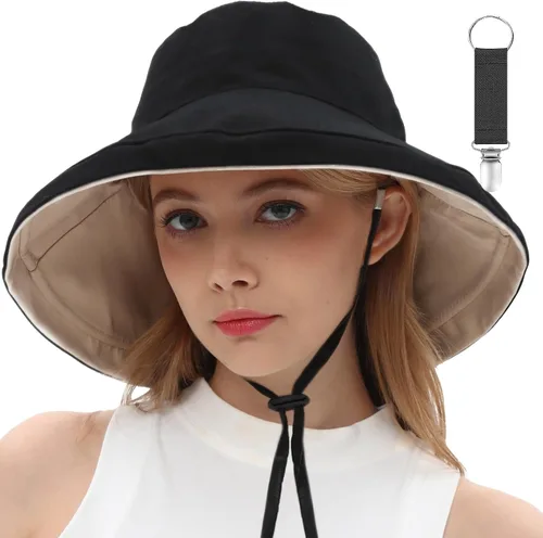 Vista 22 de vidsel Sombreros de sol para mujer, de ala ancha, reversible, de algodón, plegable, de verano, con clip para sombrero, protección UV Beige