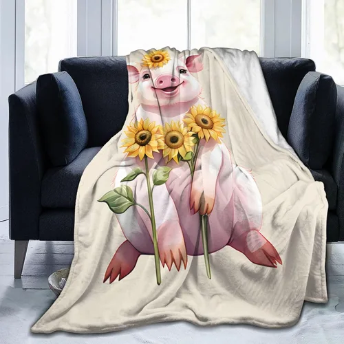 Vista 4 de Manta Linda con Diseño de Cerdito y Girasol, Regalos para Adultos y Niños, Manta de Franela de Dibujos Animados, Cerdito y Lechón, Suave, Cómoda