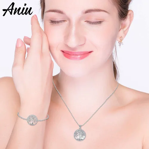 Vista 8 de Aniu Tree of Life Necklace for Women, 925 Sterling Silver Mother of Pearl Family Palm Tree Charm Pendant Jewelry for Birthday Christmas Gift