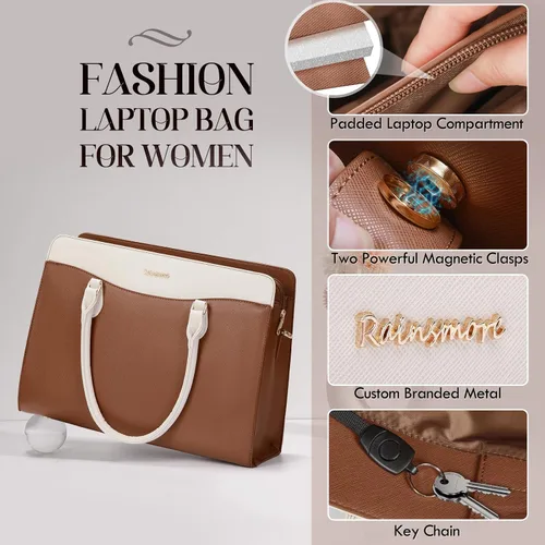 Vista 5 de Bolsa para laptop RAINSMORE para mujeres de 15.6 pulgadas, impermeable, de cuero PU, bolsas de mano grande para laptop, bolsa de trabajo profesional