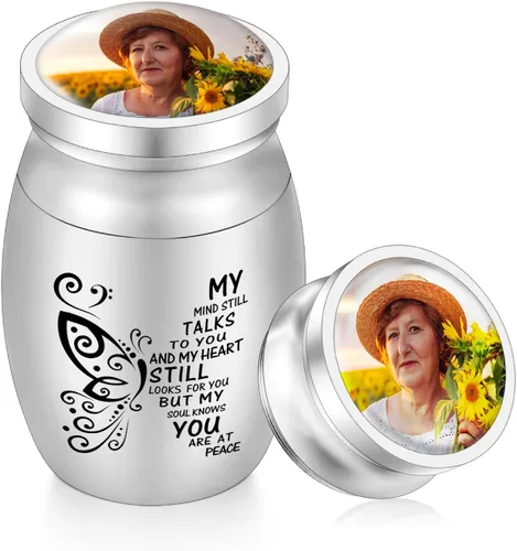Vista 13 de Dletay Urnas pequeñas para cenizas humanas, recuerdo de 1.6 pulgadas, de acero inoxidable, mini urna conmemorativa de mariposa para mujeres y hombres