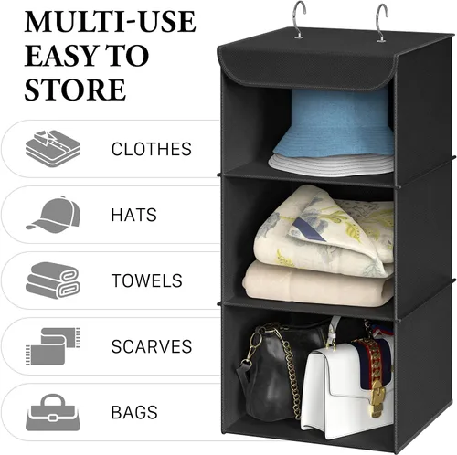 Vista 5 de Simple Houseware Organizador de armario colgante de 3 estantes, estantes de almacenamiento de tela con capacidad de 57 litros, color negro
