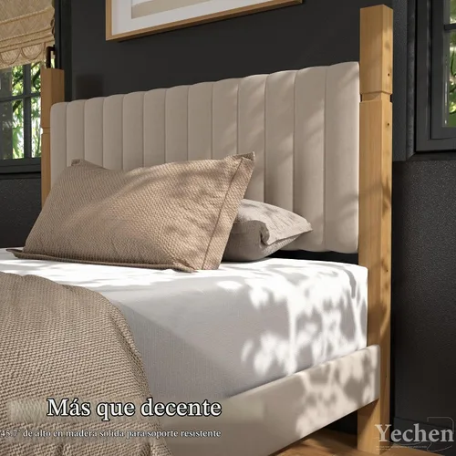 Vista 3 de Yechen Marco de cama de madera de tamaño matrimonial con cabecero, postes de madera maciza y plataforma de pies, no necesita somier, lino beige