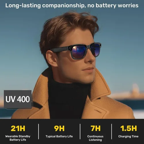 Vista 6 de Lentes inteligentes con cámara, gafas de video HD 1080P, gafas de sol de protección UV con traducción AI en tiempo real, audio Bluetooth, sonido