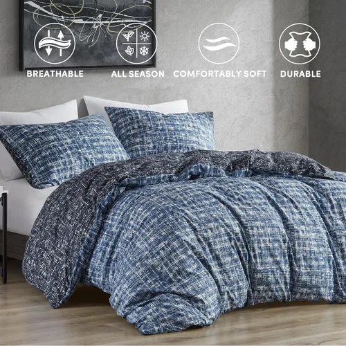 Vista 3 de Comfort Spaces Juego de funda de edredón tamaño King, ropa de cama azul para todas las estaciones, ultra suave funda de edredón reversible de 3