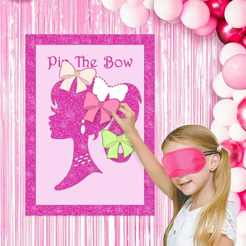 Vista 5 de Suministros de fiesta de niña rosa, lindo pin de princesa con lazo en la cabeza, póster grande con 24 calcomanías de lazo, recuerdos para fiesta