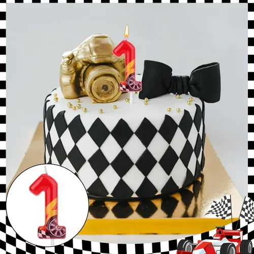 Vista 7 de Vela temática de autos de carreras para cumpleaños, vela roja de auto de carreras con número de rayo, perfecta para decorar pasteles y como