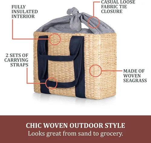 Vista 6 de Picnic TIME Cesta de picnic parisina, canasta de picnic aislada de hierba marina, impermeable, elegante, perfecta para picnic, playa, almuerzos