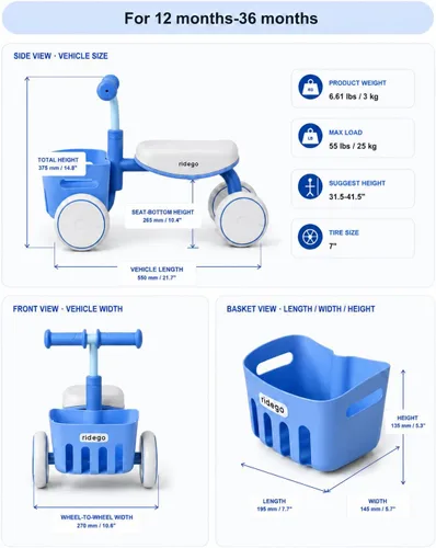 Vista 3 de Ridego Bicicleta de equilibrio para niños de 1 a 3 años con cesta y asiento Azul