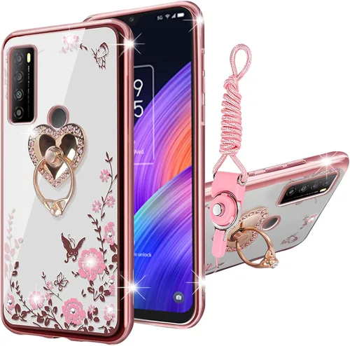 Vista 11 de Funda para teléfono TCL 30 XL, 30XL T701DL para mujer, con purpurina, suave, elegante, TPU transparente, de lujo, linda funda protectora con correa