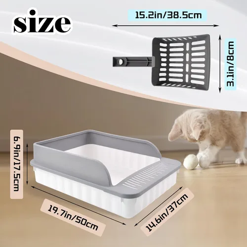 Vista 2 de Caja de arena abierta para gatos con lado alto antisalpicaduras para gatos con cuchara tamizadora de arena semi-cerrada, bandeja de arena
