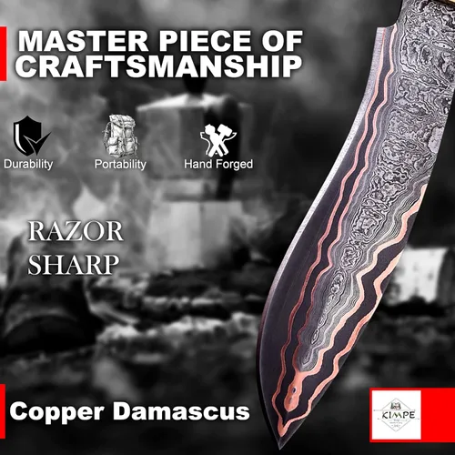 Vista 3 de KIMPE Cuchillo de caza de hoja fija. (Copper Damasco y Crown Stag)