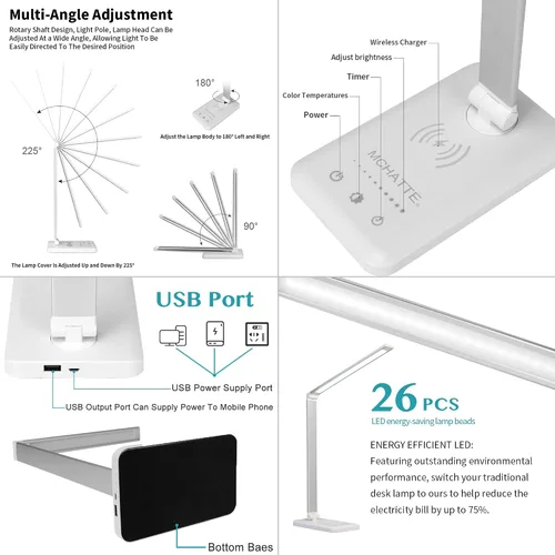 Vista 5 de Lámpara de escritorio LED con cargador inalámbrico, puerto de carga USB, luz de escritorio regulable para el cuidado de los ojos con 5 niveles