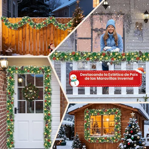 Vista 4 de Guirnalda de Navidad con luces de 9 pies, guirnalda de Navidad artificial de 250 piezas de ratán verde, decoración artificial para escaleras, pared