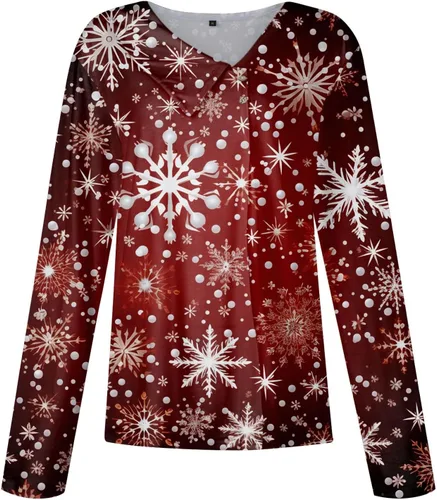 Vista 3 de Women's Christmas Tops 2023 Casual Fashion Printed Long Sleeve Lapel V Neck Button Pullover Top, S-3XL
