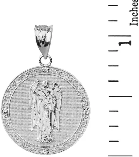 Vista 3 de Collar de plata de ley con medalla redonda de San Gabriel el Arcángel CZ (1.15")