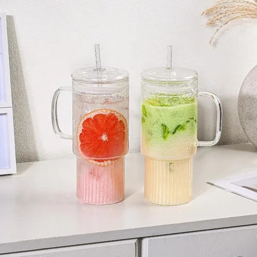 Vista 3 de Vasos de vidrio de 32 onzas con tapas de asa y pajitas, vasos de vidrio de borosilicato para café helado, licuados de frutas, vasos reutilizables