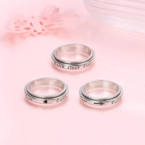 Vista 4 de Anillo de plata de ley 925 con texto en inglés God Jewelry grabado con texto en inglés Faith Over Fear Heart Cross, regalo religioso para mujeres