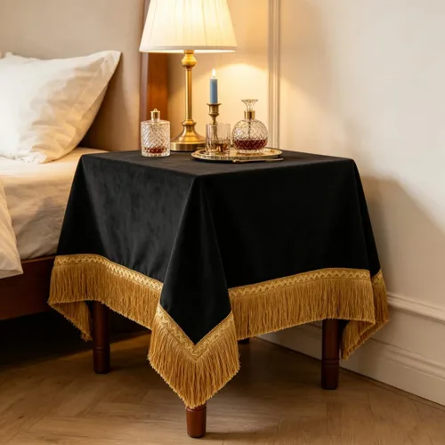 Vista 3 de F-CHU - Funda de terciopelo negro de lujo para mesita de noche con flecos dorados, mantel decorativo para mesita de noche, a prueba de polvo