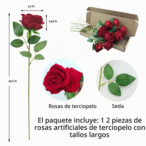 Vista 6 de 12 rosas artificiales de terciopelo con tallos largos, rosas falsas de tacto real para San Valentín, ramo de boda, fiesta, mesa, centro de mesa