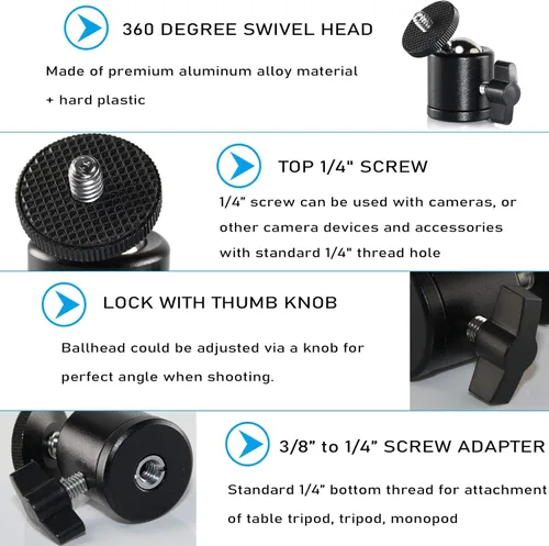 Vista 8 de EXMAX Mini cabeza esférica de aleación de aluminio de 360 grados giratoria Mini trípode con adaptador de tornillo de 3/8 a 1/4 pulgadas para cámara