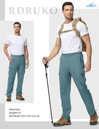 Vista 7 de Rdruko Pantalones de senderismo para hombre, ligeros, impermeables, de secado rápido, elásticos, con 5 bolsillos, cintura elástica