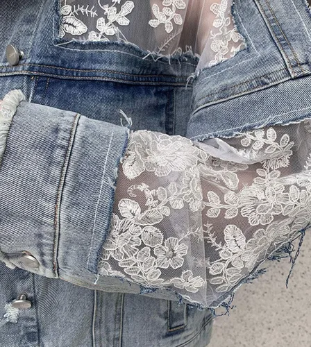 Vista 6 de ebossy Chaqueta de mezclilla para mujer, con bordado floral, con encaje, rasgada, desgastada
