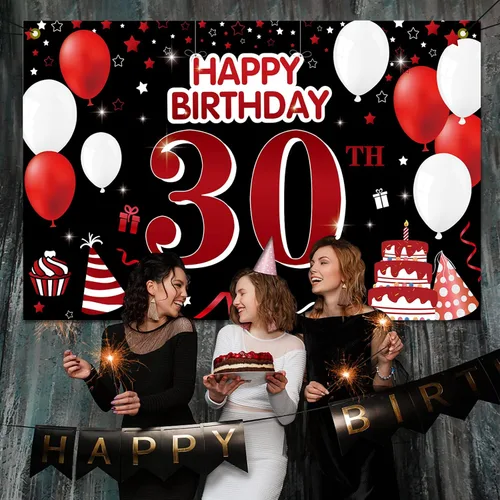 Vista 4 de Cartel de feliz cumpleaños 30 para patio, pancarta de feliz cumpleaños 30 en negro y rojo, decoración para mujeres y hombres, fondo grande de 30