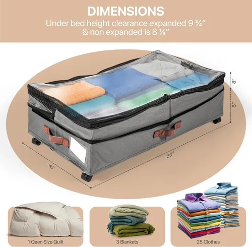Vista 7 de Almacenamiento expandible debajo de la cama con ruedas, paquete de 2 – Almacenamiento grande debajo de la cama y armario – Contenedores