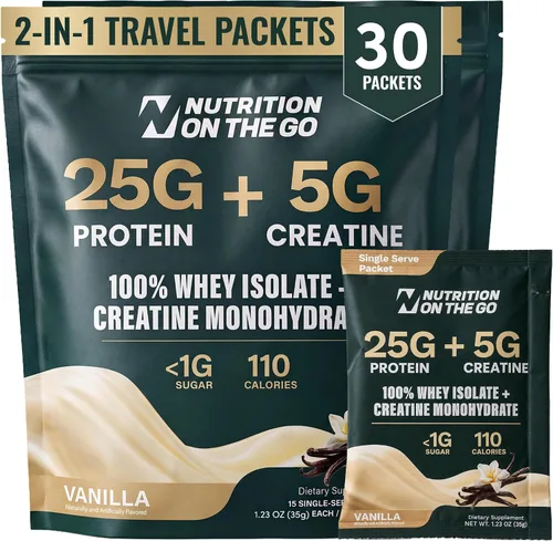 Vista 21 de Paquetes de viaje 2 en 1 con aislamiento de proteína de suero + creatina, chocolate, paquete de 15