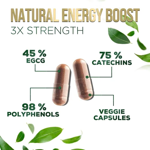 Vista 3 de Extracto de té verde 98% EGCG estandarizado – 3 veces de fuerza para energía natural – Auxiliar cardíaco con polifenoles – cafeína suave, fabricado