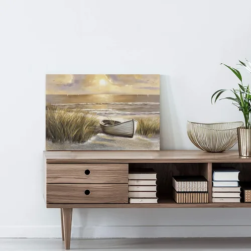 Vista 4 de arttitue Lienzo decorativo para pared de playa: baño, puesta de sol costera, paisaje, océano, mar, escena, obra de arte, paisaje marino, barco