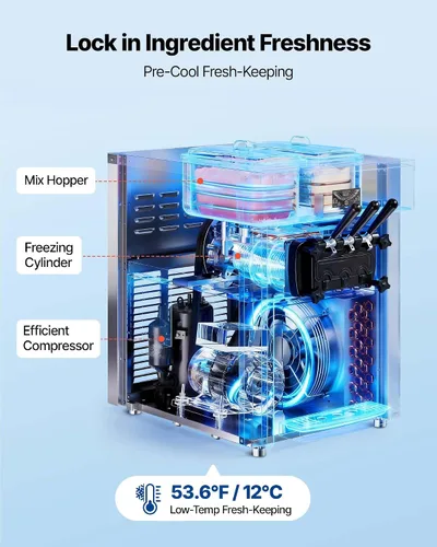 Vista 2 de VEVOR Máquina de helados comercial, rendimiento de 20-28 L/H, 2200 W 3 sabores para encimera de helado suave con 2 tolvas de 6 L y agitación