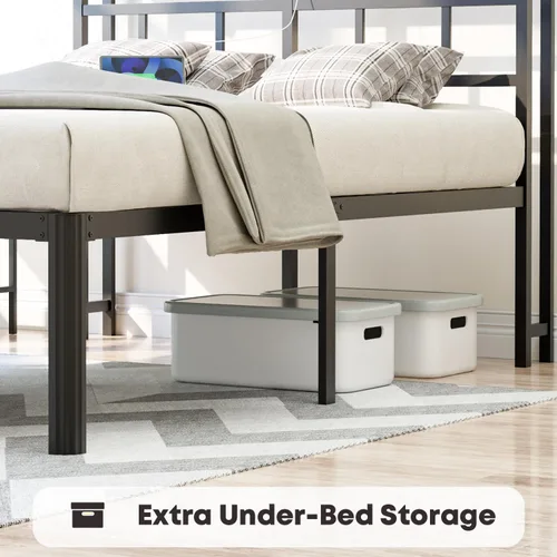 Vista 5 de YORMDMO Base de cama individual – Base de cama de metal resistente con estación de carga de cabecero de almacenamiento, fácil montaje, no necesita